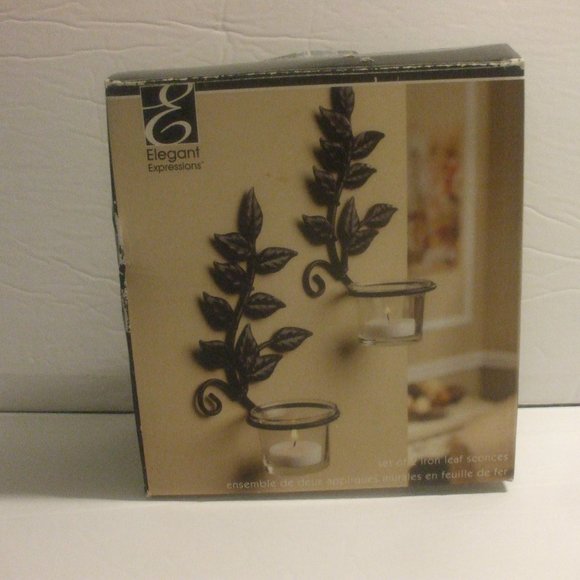 2 Iron Leaf Sconces With Glass Cups 8 Inches Tall - Picture 2 of 6